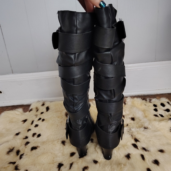 Y2K Faux Leather Wedge Knee Boots Slouch Buckle Straps Unionbay Boot 8 Women's - Picture 4 of 9